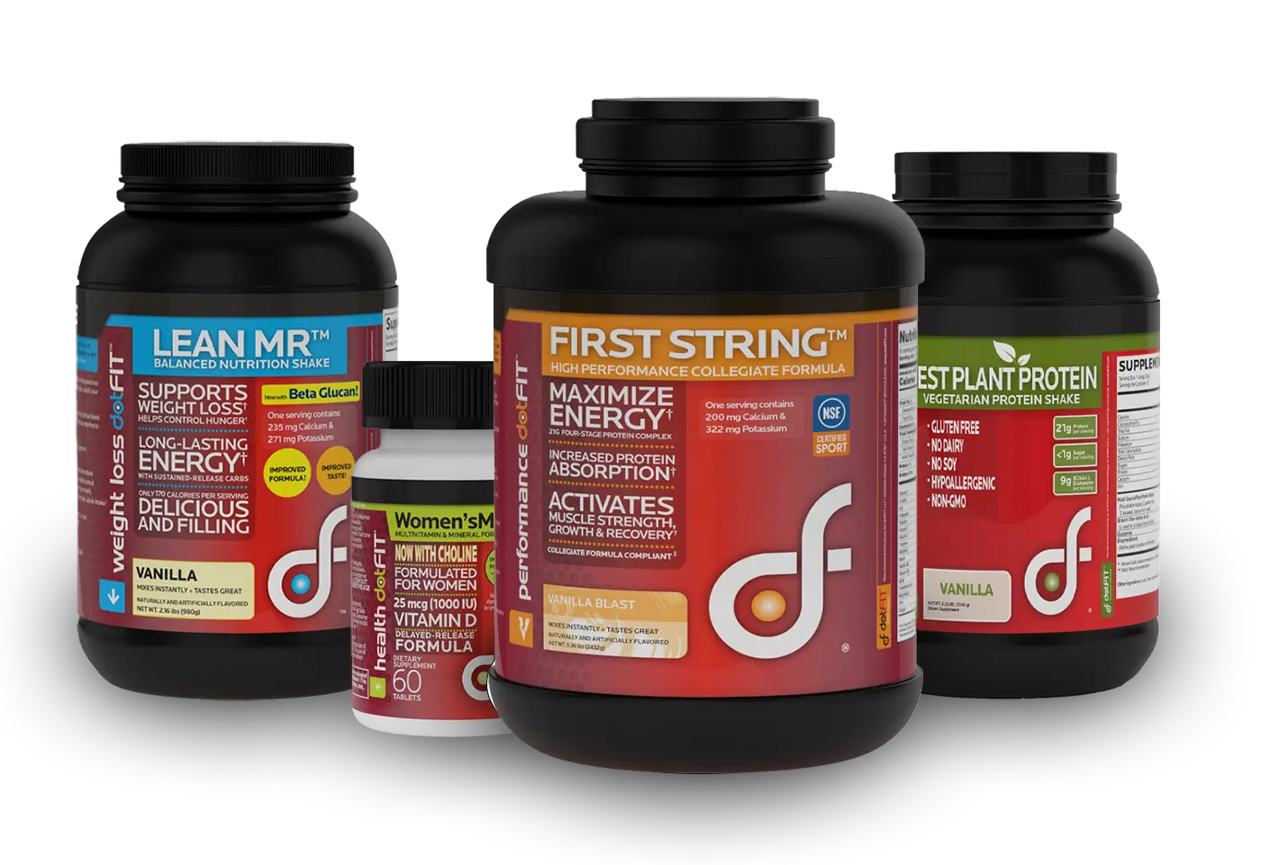 DotFit supplement lineup including Whey Smooth, First String, Lean MR and Best Plant Protein, available at 40% off through Impact Fitness Oakland