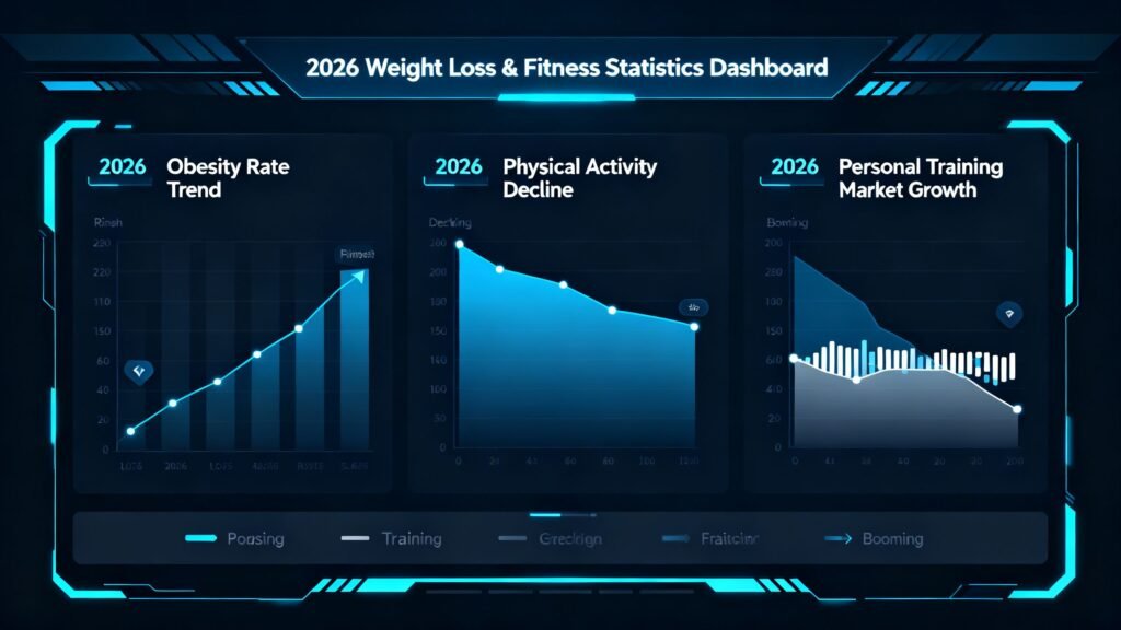 Data dashboard showing weight loss, obesity, and fitness statistics for 2026.