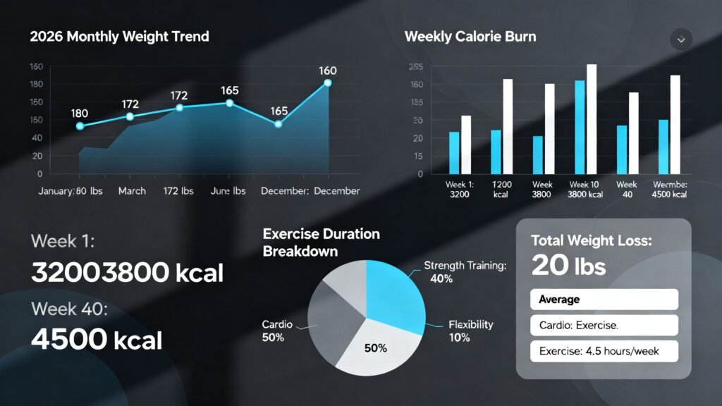A data visualization dashboard showing key weight loss and fitness statistics for 2026, with charts and graphs in a clean, modern style.